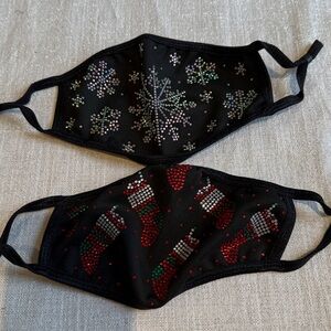 Two Natalie Mills Rhinestone Holiday Christmas Stockings Face Masks